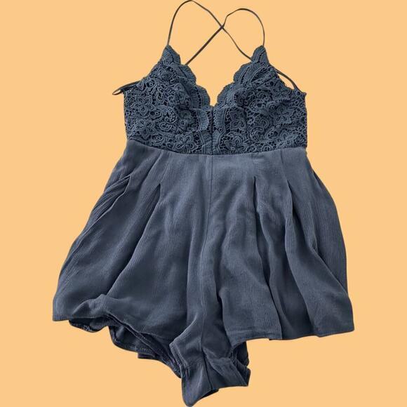 Lulus Star Spangled Indigo Backless Lace Romper (L) - Picture 5 of 14